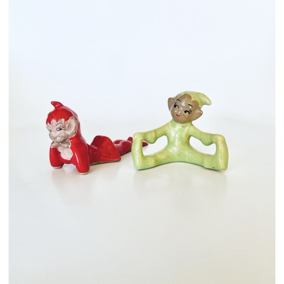 VTG (Gilner Pottery?) Green Red Ceramic Pixie Elf Elves Lot Christmas Retro - Picture 3 of 6